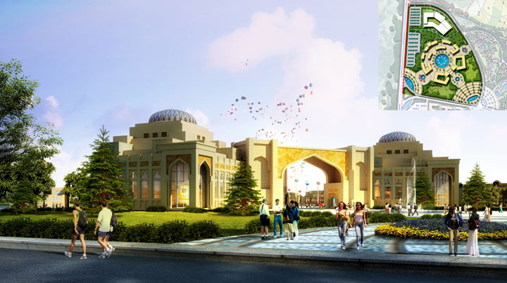 度假綜合體項(xiàng)目旅游規(guī)劃院：絲路國(guó)際免稅購(gòu)物旅游區(qū)及國(guó)際醫(yī)療康復(fù)中心入口景觀的旅游規(guī)劃具有絲路文化風(fēng)情